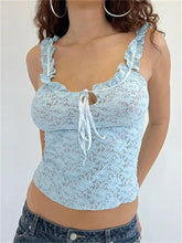 Lace Floral See Through Sleeveless Camis for Ruffle Strap Tie-up O-neck Slim Fit Tank Mini Vest Crop Tops